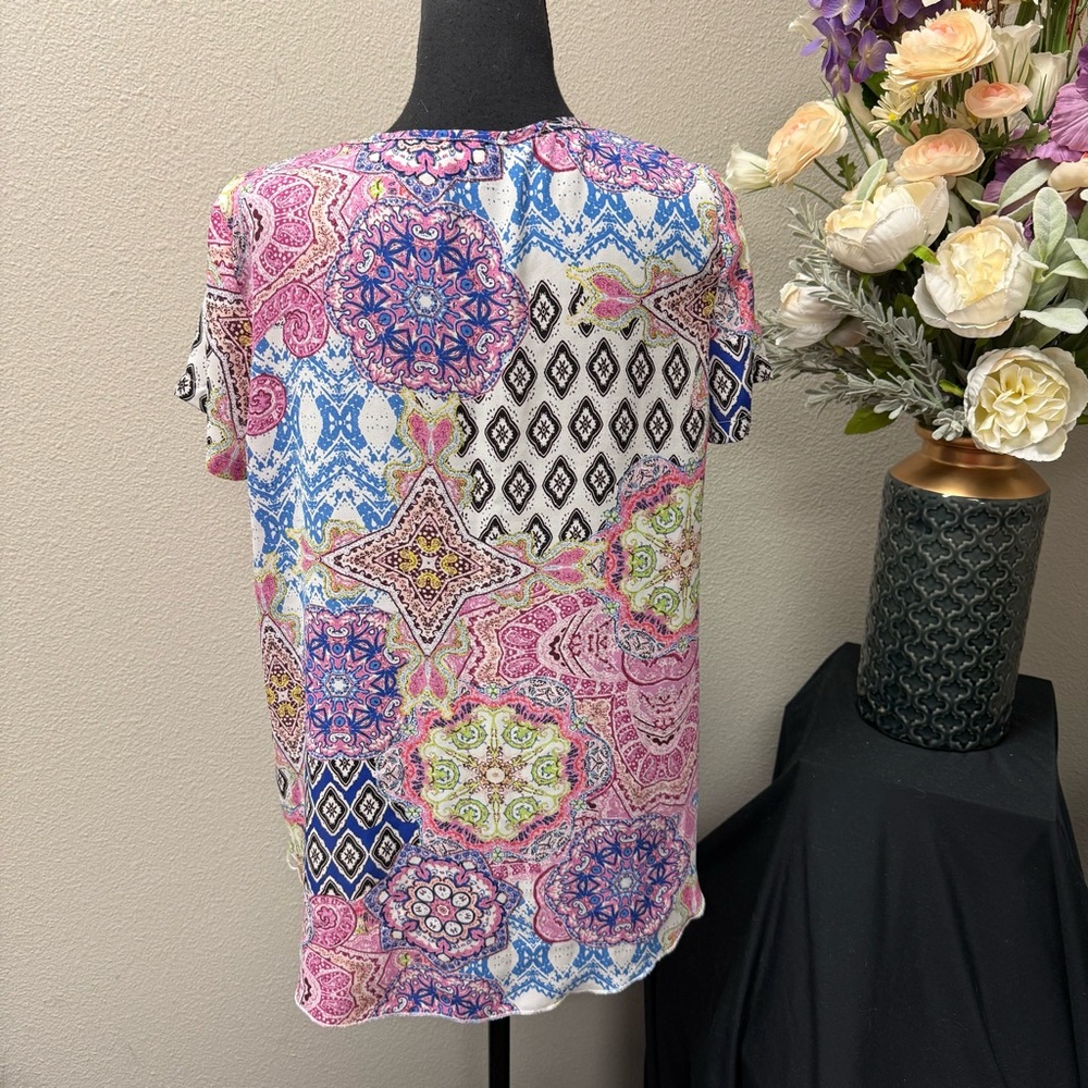 Spense Boho Medallion Print Short Sleeve Tunic Top Pink Blue M/M - Picture 3 of 6